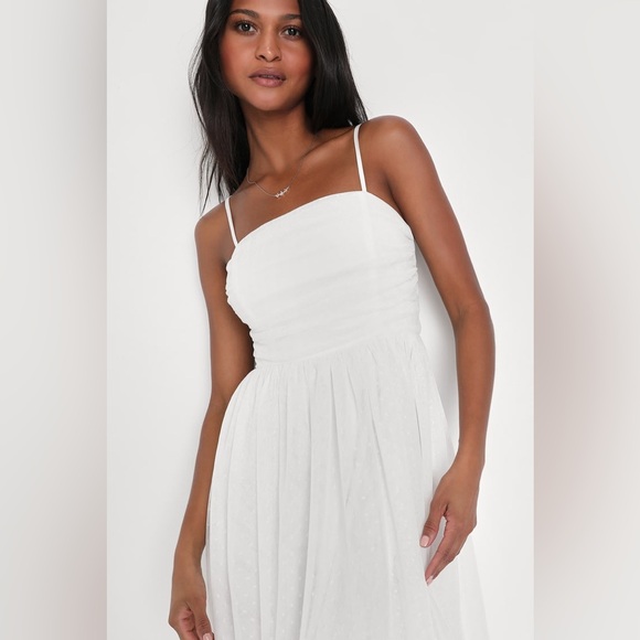 Lulus-Darling Sweetheart White Swiss Dot Ruched Midi Dress - Picture 2 of 5